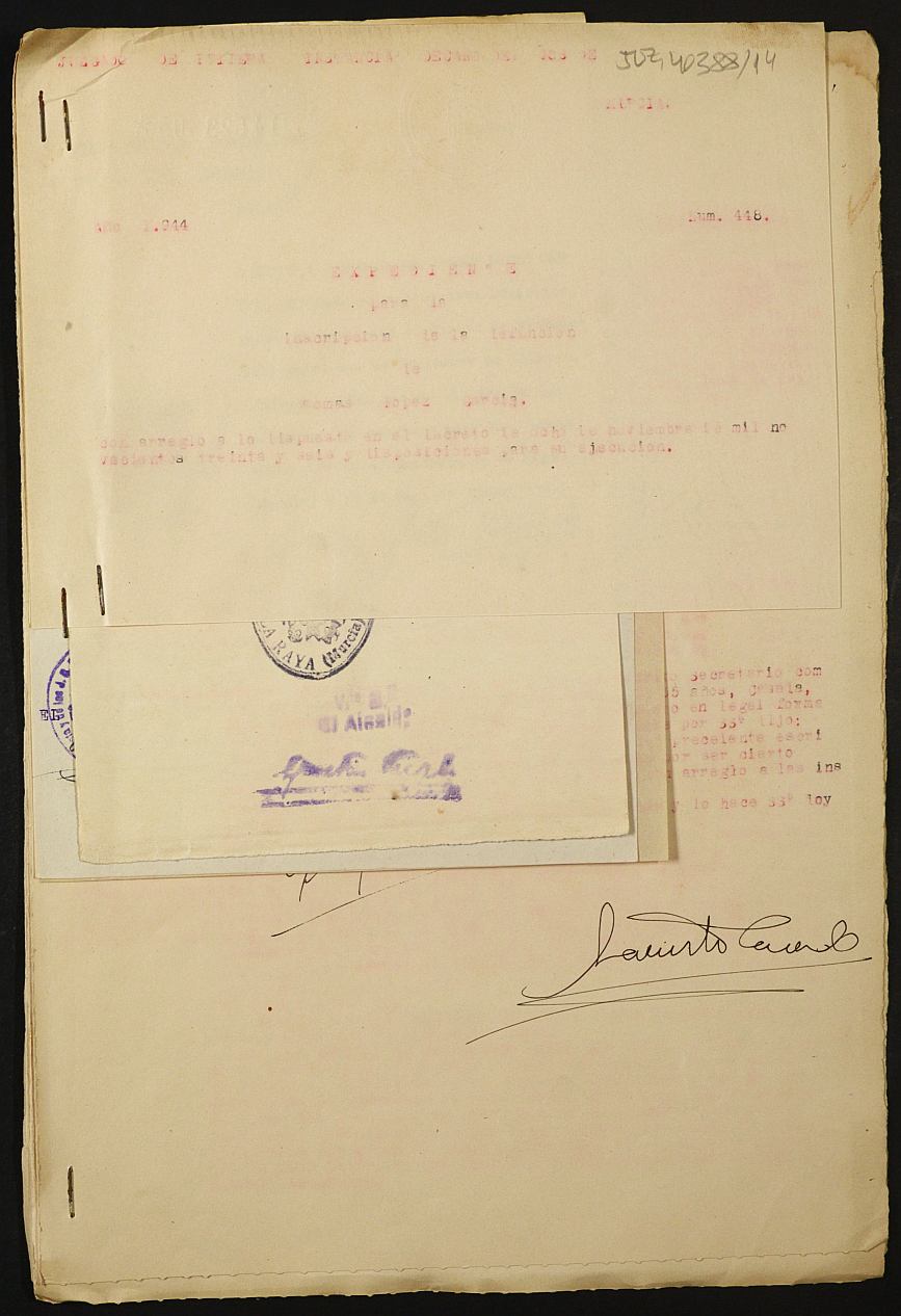 Expediente 448/1944 del Juzgado de Primera Instancia de Murcia para la inscripción en el Registro Civil por la desaparición en el frente de Tomás López García.
